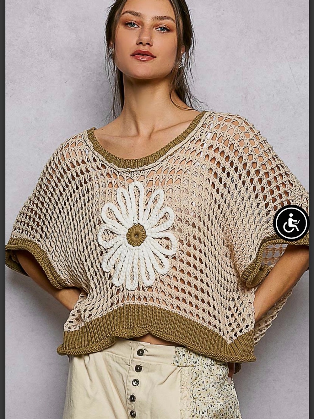 POL Open-Knit Daisy Appliqué Short Sweater in Beige and Olive